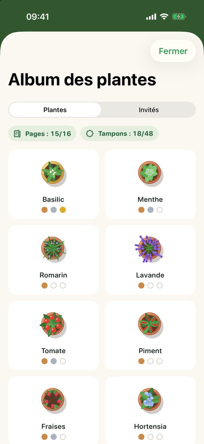 L'album des plantes avec ses pages et ses tampons de récolte