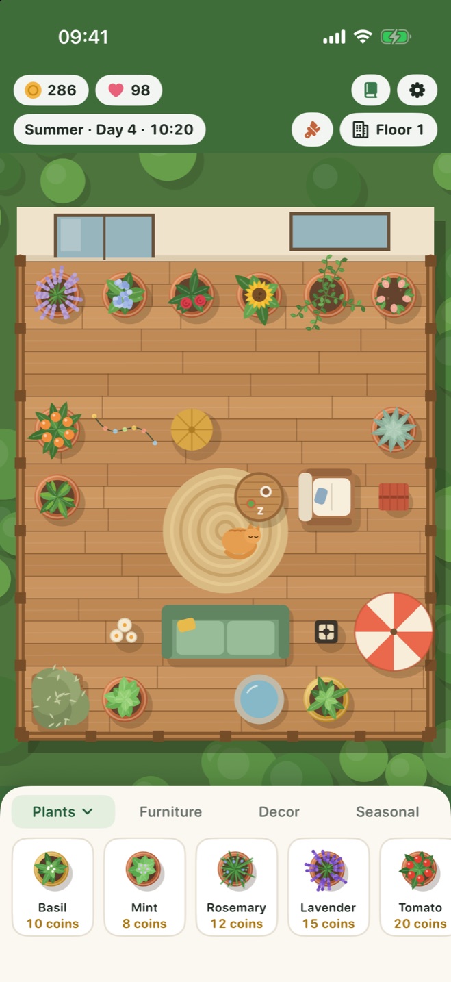 A summer balcony with flowers, a sofa, a parasol and a sleeping cat