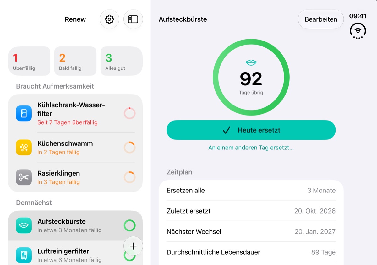 Renew auf dem aufgeklappten iPhone Duo mit Liste und Eintrag nebeneinander