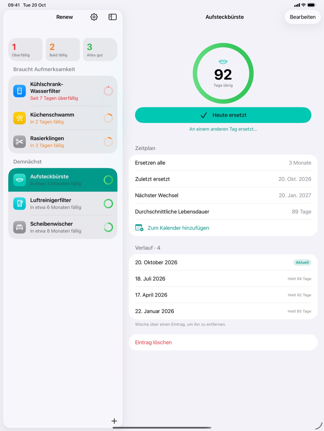 Renew auf dem iPad mit Liste und Eintrag nebeneinander