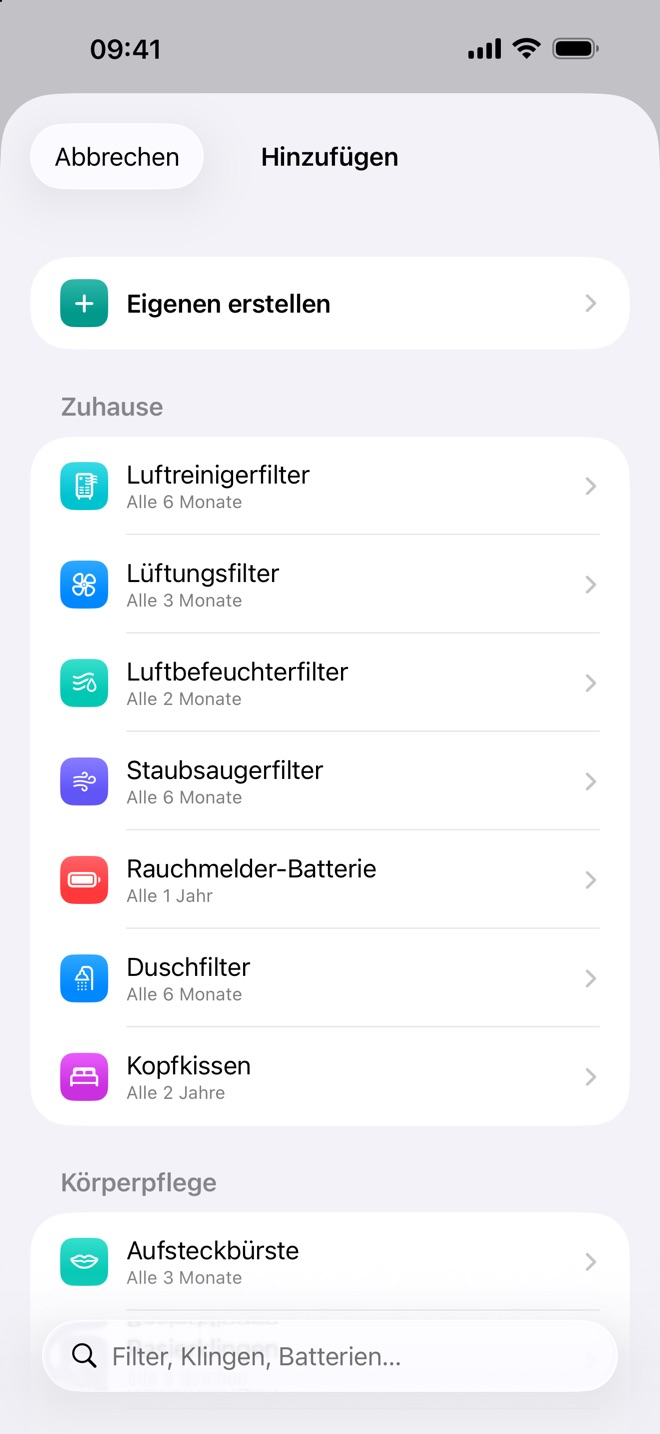 Renews Liste fertiger Einträge, etwa Luftreinigerfilter und Duschfilter