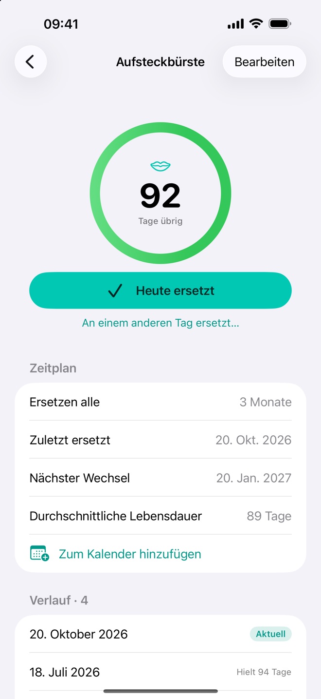 Renew zeigt eine Aufsteckbürste mit 92 verbleibenden Tagen