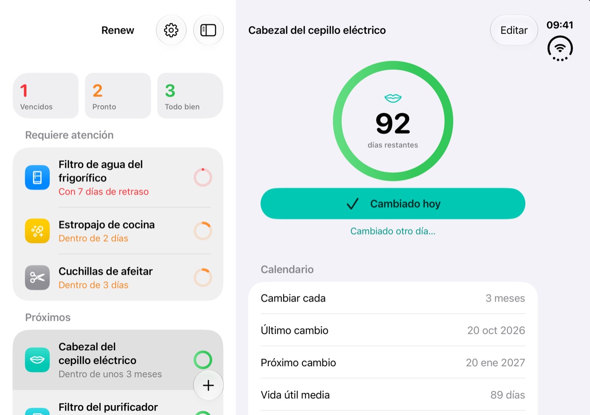 Renew en el iPhone Duo desplegado con la lista y un elemento uno al lado del otro