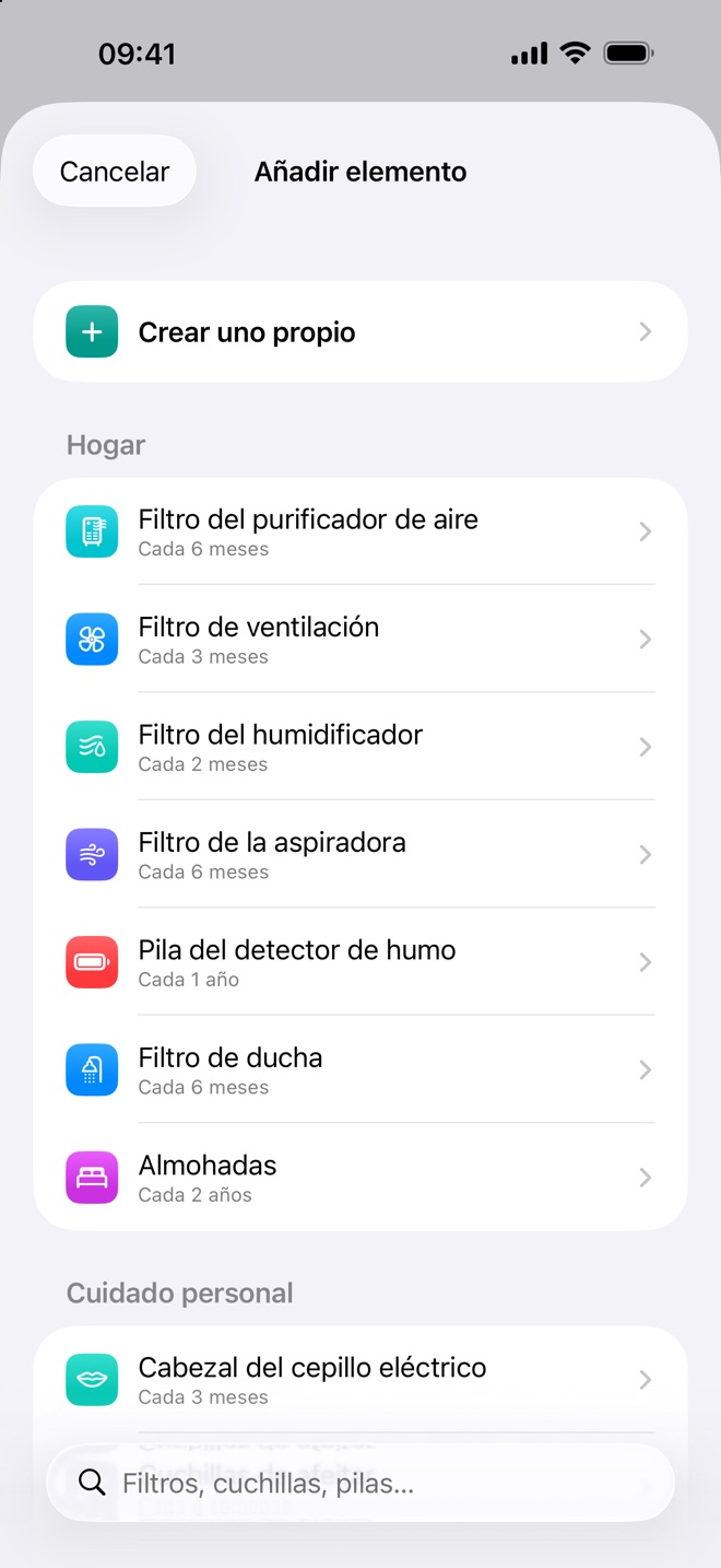 La lista de elementos predefinidos de Renew, como el filtro del purificador y el filtro de ducha