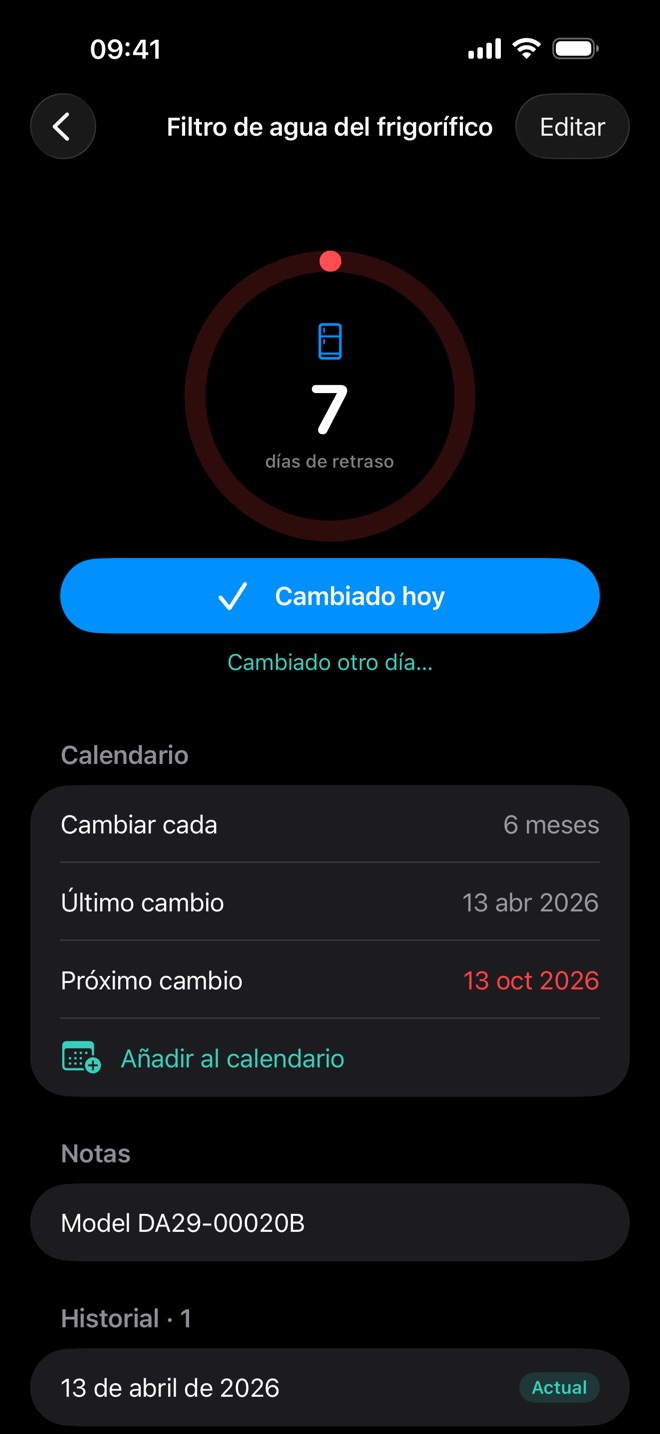 Renew en modo oscuro con un filtro de agua de la nevera vencido hace 7 días