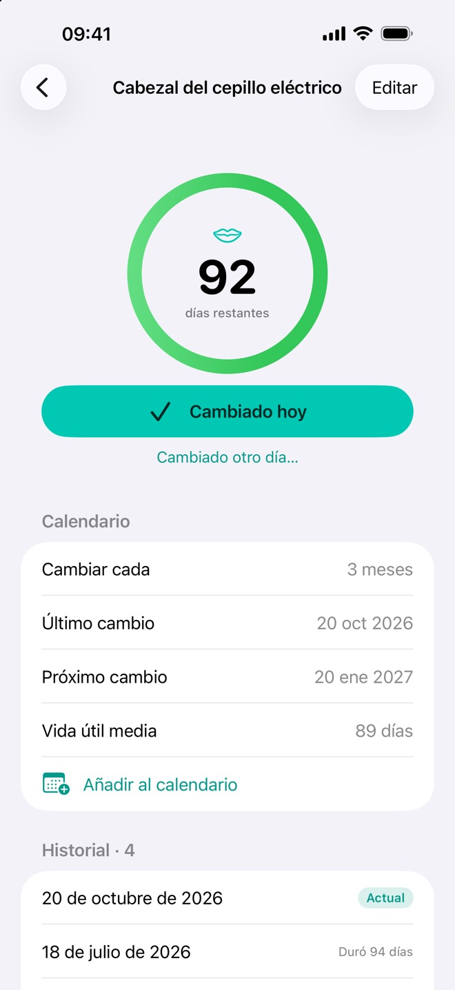 Renew mostrando un cabezal de cepillo eléctrico al que le quedan 92 días