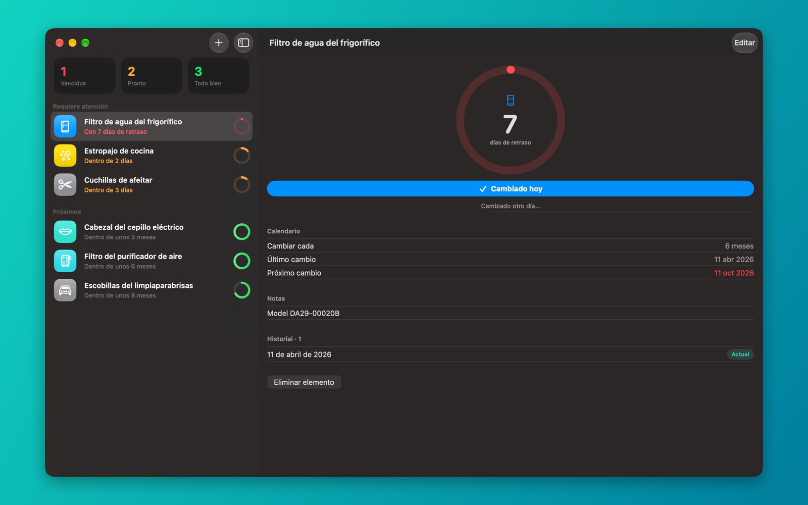 Renew en Mac en modo oscuro con la lista y un elemento uno al lado del otro