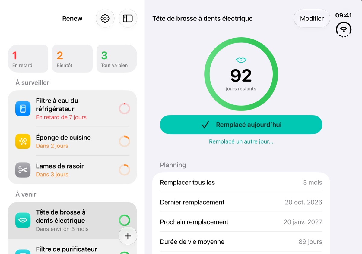 Renew sur l’iPhone Duo déplié avec la liste et un élément côte à côte