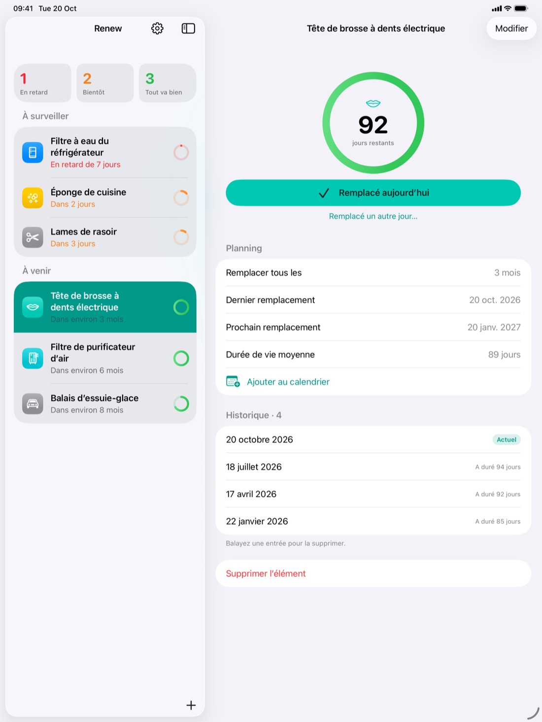 Renew sur iPad avec la liste et un élément côte à côte