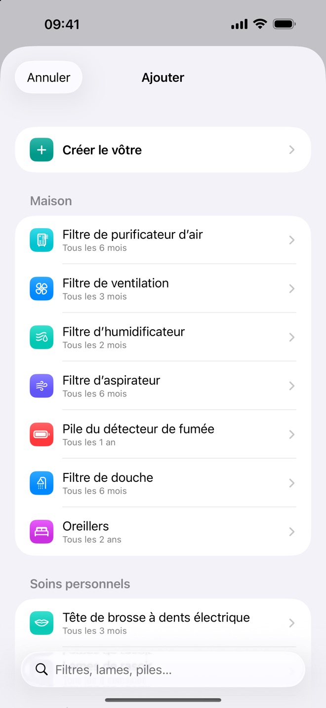 La liste d’éléments prêts à l’emploi de Renew, comme le filtre de purificateur d’air et le filtre de douche