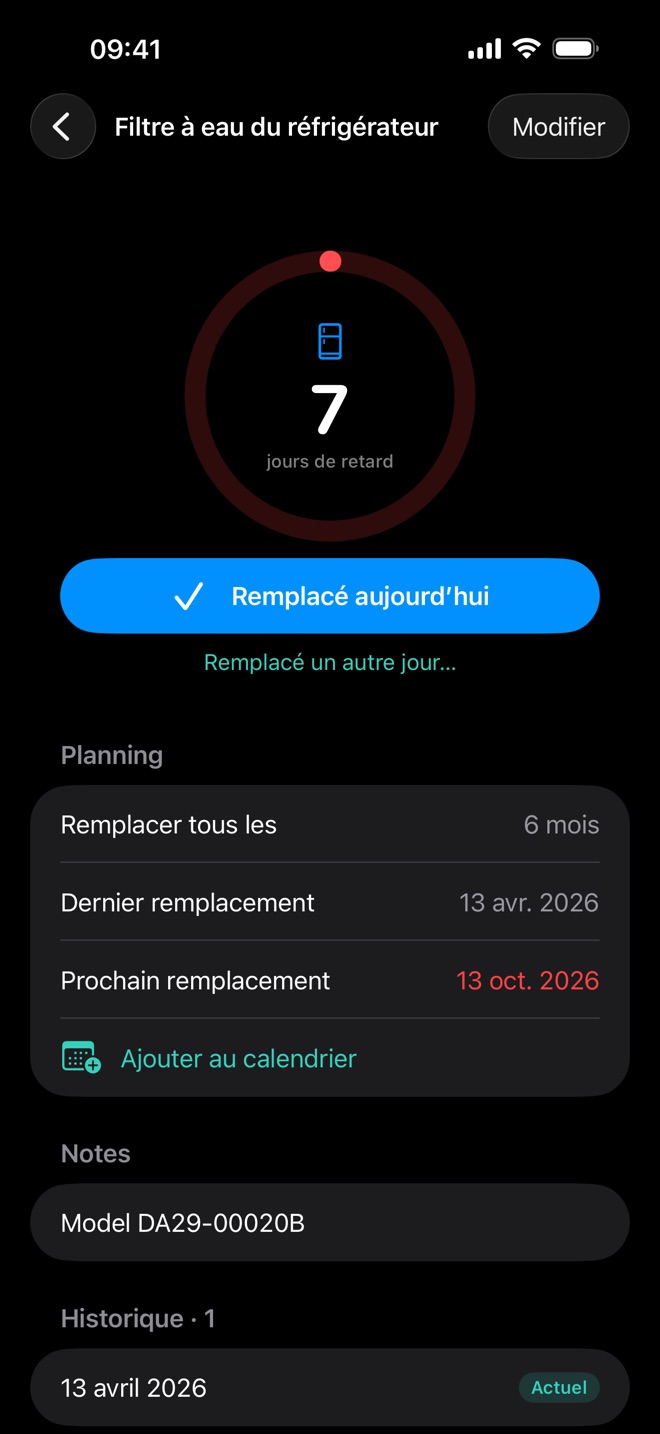 Renew en mode sombre avec un filtre à eau de réfrigérateur en retard de 7 jours