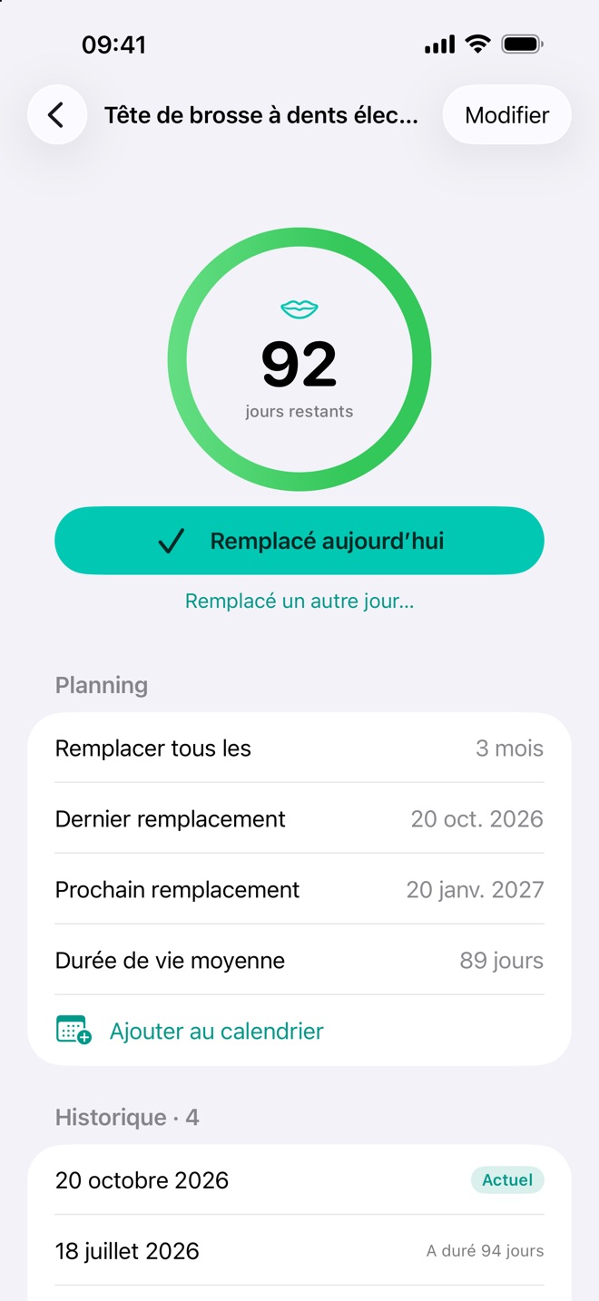 Renew affichant une tête de brosse à dents avec 92 jours restants