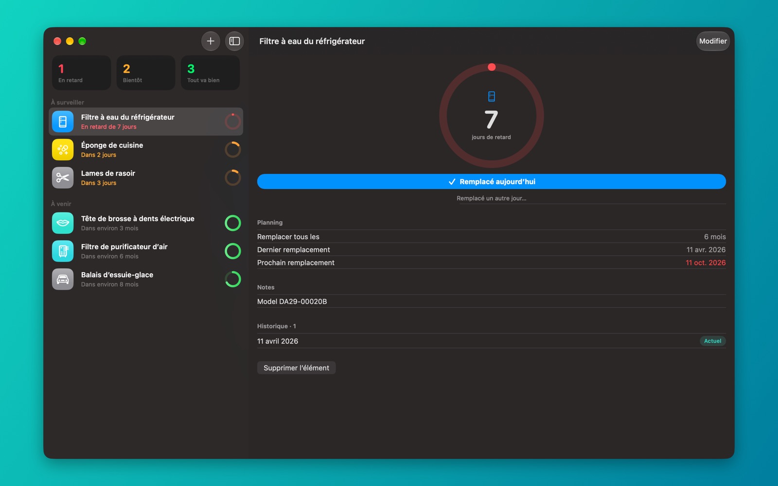 Renew sur Mac en mode sombre avec la liste et un élément côte à côte