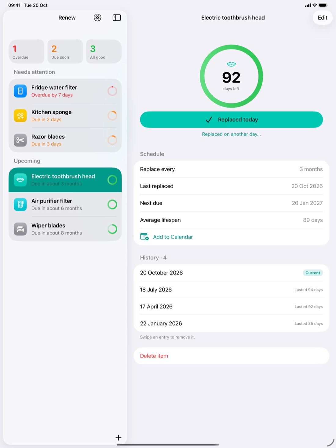 Renew on iPad with the list and an item side by side