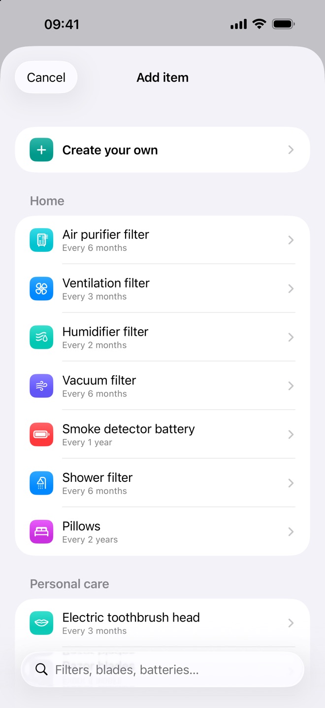 Renew's list of ready-made items such as air purifier filter and shower filter