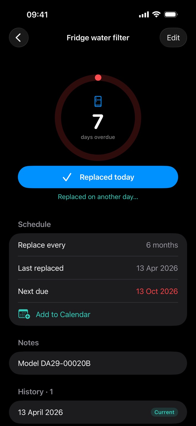 Renew in dark mode showing a fridge water filter that is 7 days overdue