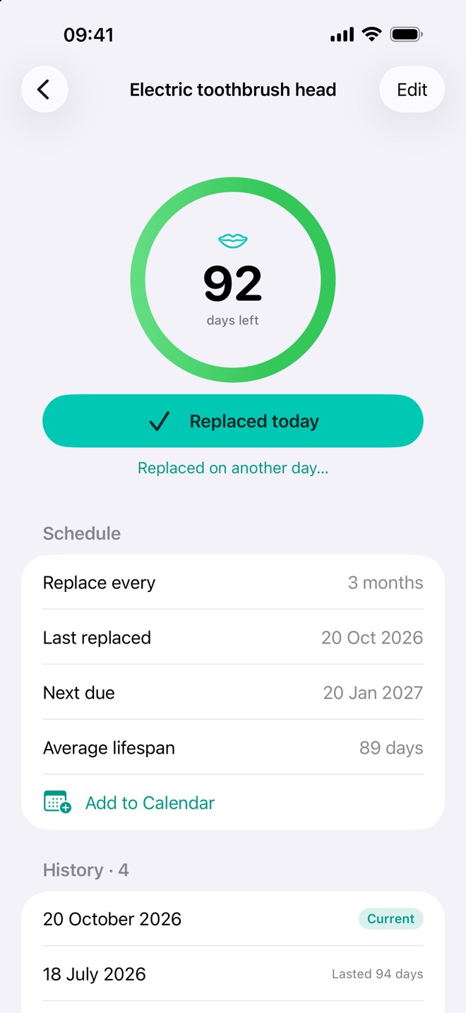 Renew showing an electric toothbrush head with 92 days left