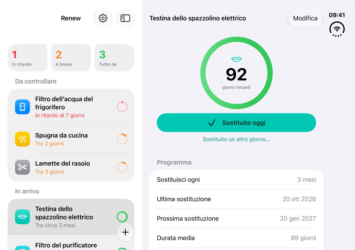 Renew su iPhone Duo aperto con l’elenco e un elemento affiancati