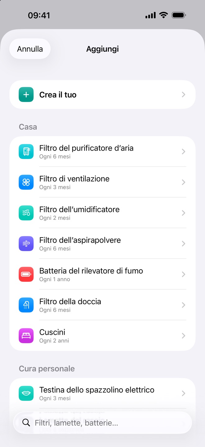 L’elenco di elementi pronti di Renew, come il filtro del purificatore e il filtro della doccia