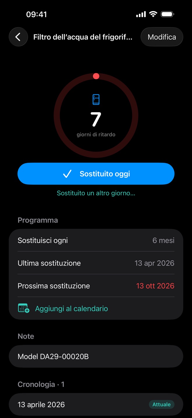 Renew in modalità scura con un filtro dell’acqua del frigorifero in ritardo di 7 giorni