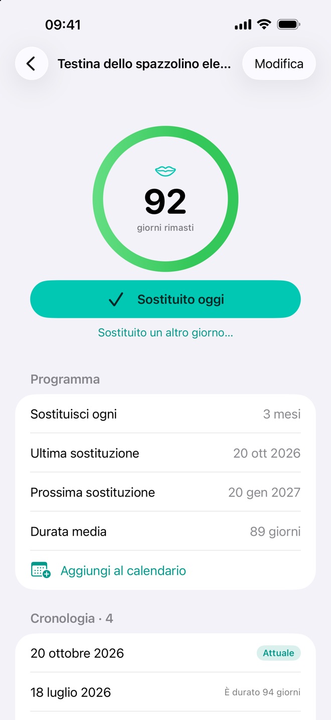 Renew mostra una testina dello spazzolino elettrico con 92 giorni rimanenti