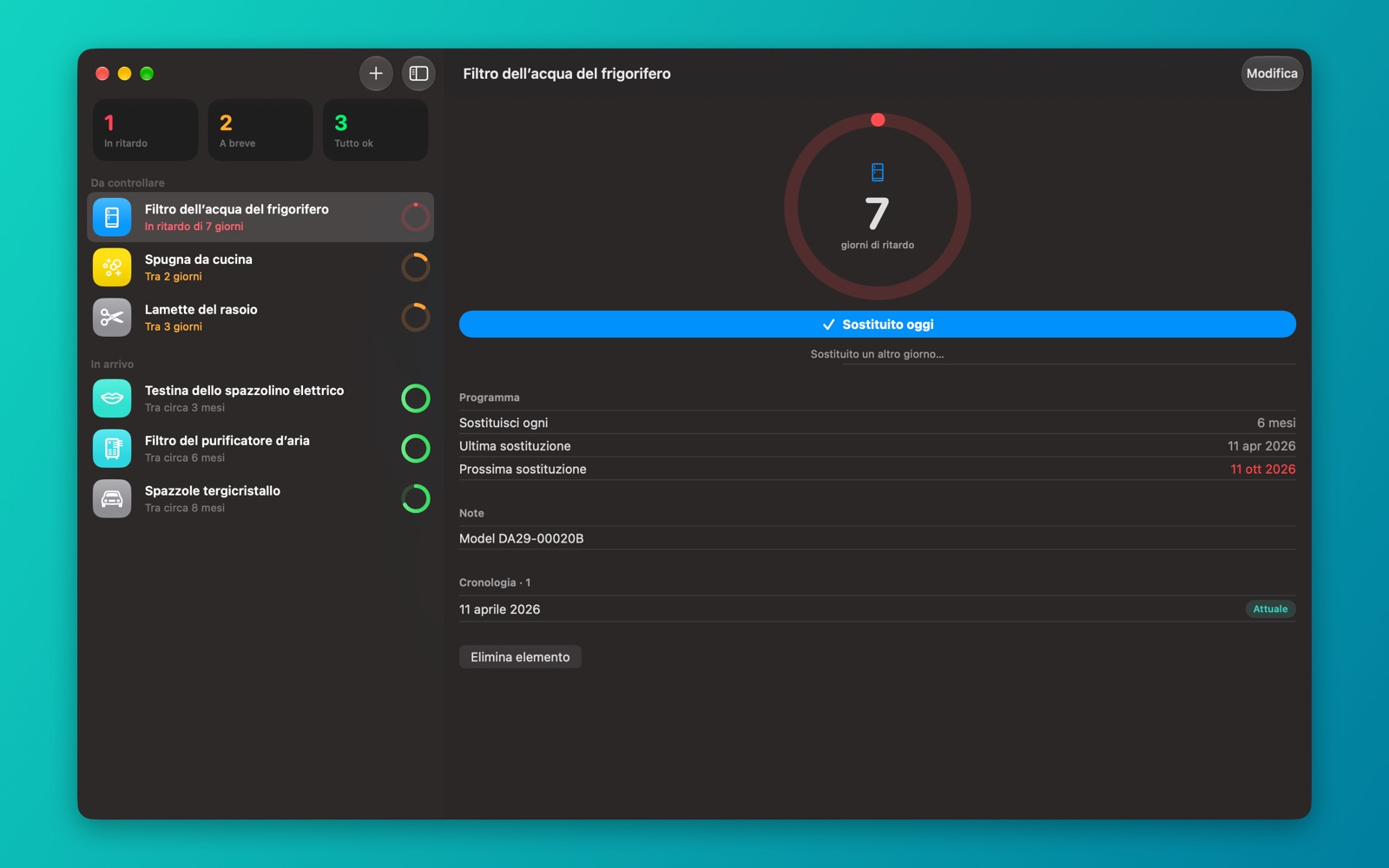 Renew su Mac in modalità scura con l’elenco e un elemento affiancati