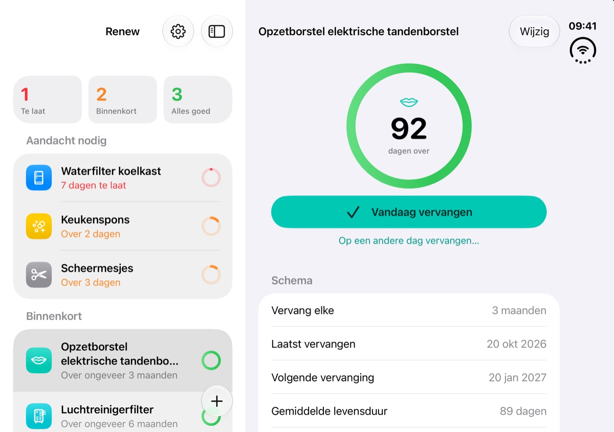Renew op de opengevouwen iPhone Duo met de lijst en een item naast elkaar