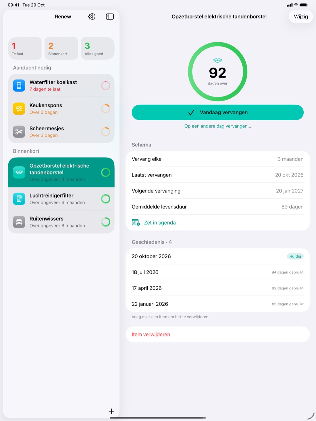 Renew op de iPad met de lijst en een item naast elkaar