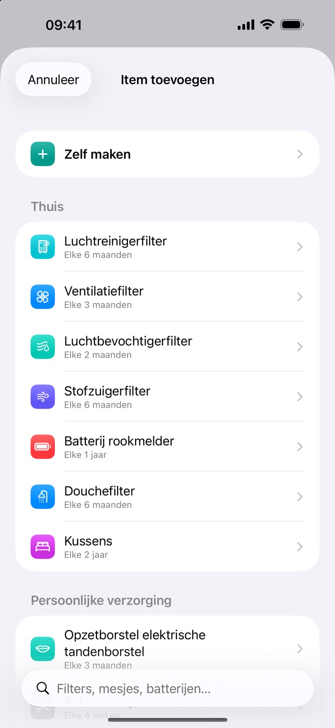 De lijst met kant-en-klare items in Renew, zoals luchtreinigerfilter en douchefilter