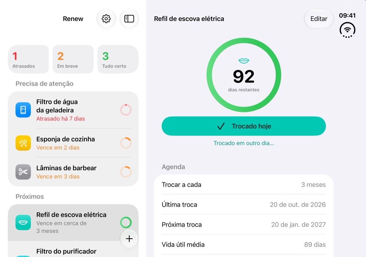 Renew no iPhone Duo aberto com a lista e um item lado a lado