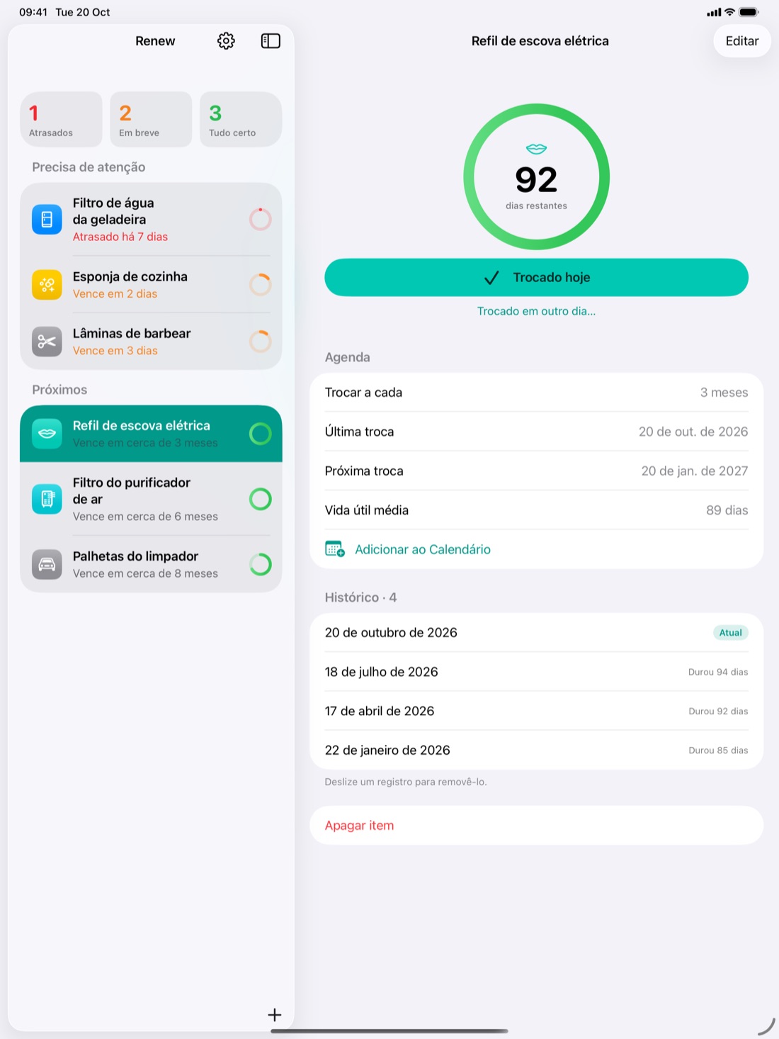 Renew no iPad com a lista e um item lado a lado
