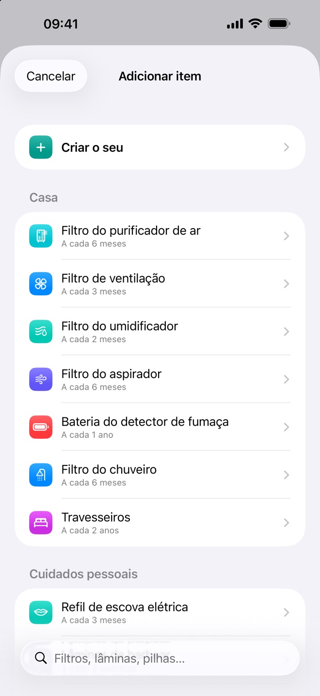 A lista de itens prontos do Renew, como filtro de purificador de ar e filtro de chuveiro