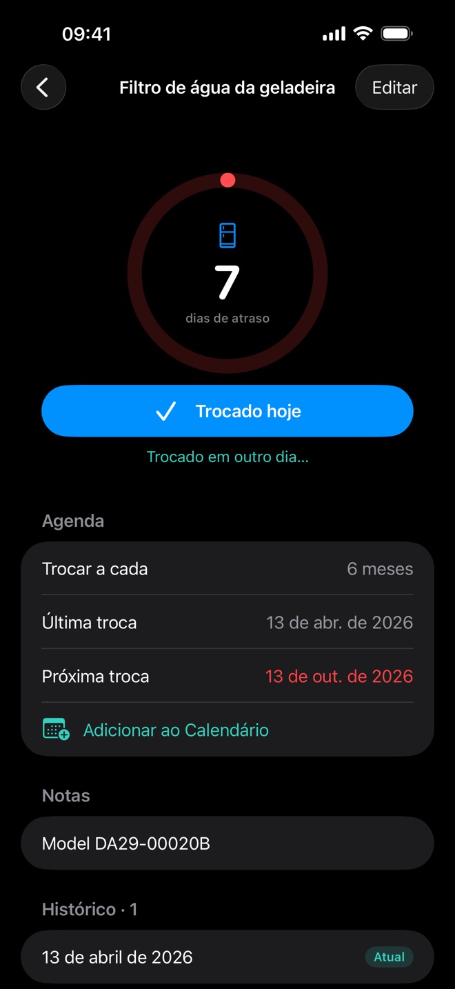 Renew no modo escuro com um filtro de água da geladeira atrasado há 7 dias