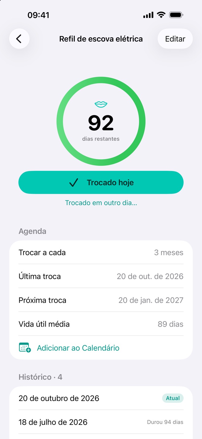 Renew mostrando um refil de escova elétrica com 92 dias restantes