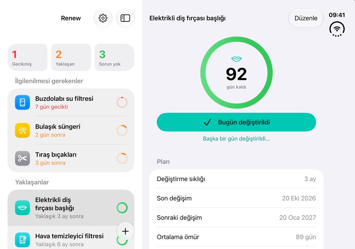 Açık iPhone Duo’da liste ve bir öğe yan yana Renew