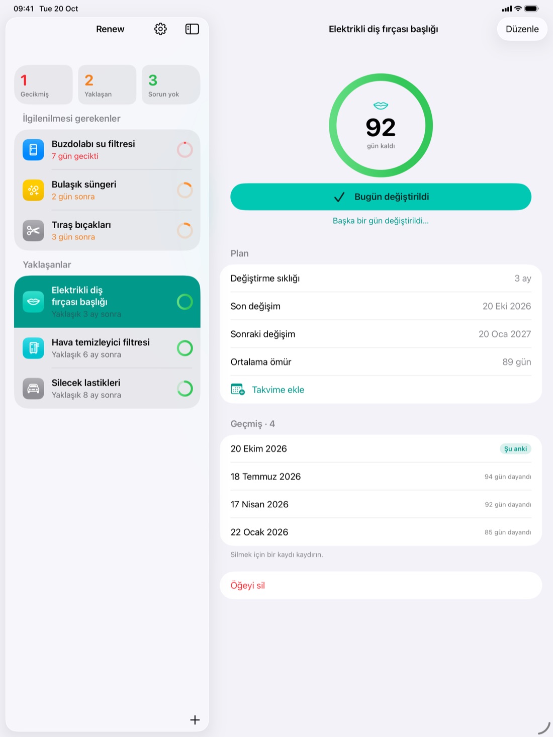 iPad’de liste ve bir öğe yan yana Renew