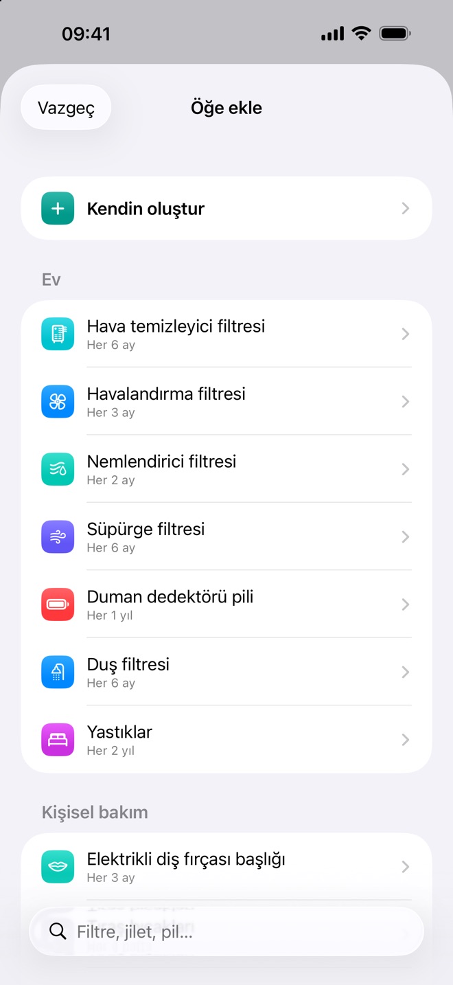 Renew’daki hava temizleyici filtresi ve duş filtresi gibi hazır öğeler listesi