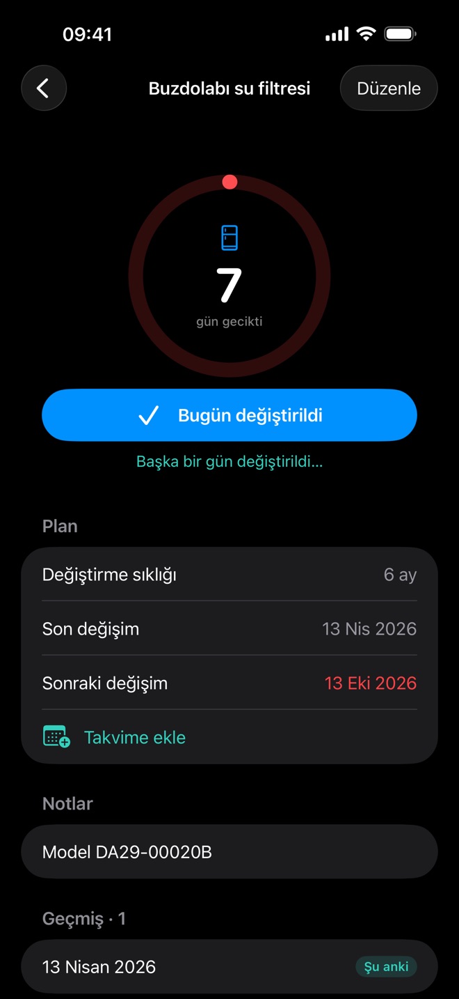 Karanlık modda Renew; 7 gün gecikmiş bir buzdolabı su filtresi